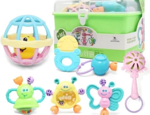 العاب تسنين للاطفال بعمر 1-12 شهر، العاب تعليمية مبكرة من السيليكون للاطفال حديثي الولادة، لعبة عضاضة للاطفال (بوكس7 قطعة)