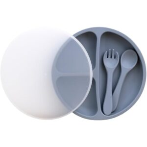 طقم تغذية سيليكون متكامل للأطفال المقسم واللاصق مع غطاء، شوكة، وملعقة – آمن للميكروويف والفريزر ومقاوم للحرارة العالية