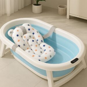 حوض استحمام سيليكون للأطفال قابل للطي مع وسادة وترمومتر – موفر للمساحة، مضاد للانزلاق، سهل التنظيف – 70×40×20 سم