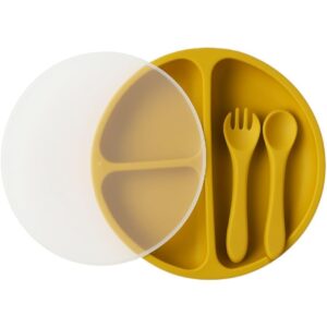 طقم تغذية سيليكون متكامل للأطفال المقسم واللاصق مع غطاء، شوكة، وملعقة – آمن للميكروويف والفريزر ومقاوم للحرارة العالية