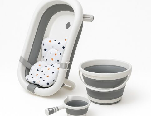 بانيو استحمام أطفال قابل للطي مع وسادة استحمام ومستلزمات