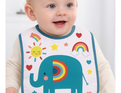 مريلة أطفال ضد الماء بتصميم الفيل وقوس قزح