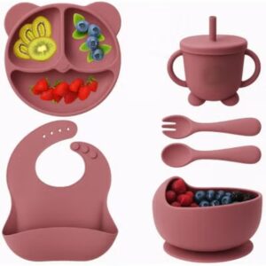 مجموعة ادوات تغذية الاطفال من السيليكون، لوازم الفطام، تتضمن اكواب شفط واطباق مقسمة ومريلة قابلة للتعديل وادوات اطفال وملاعق وشوك وكوب