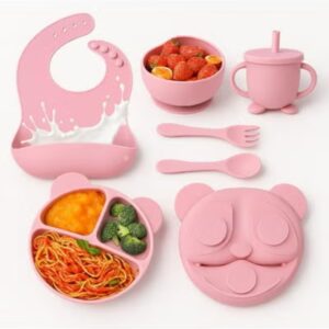 مجموعة ادوات تغذية الاطفال من السيليكون، لوازم الفطام، تتضمن اكواب شفط واطباق مقسمة ومريلة قابلة للتعديل وادوات اطفال وملاعق وشوك وكوب