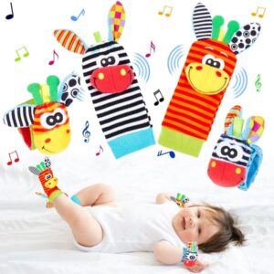مجموعة خشخيشة الأطفال 4 قطع (جوارب وخشخيشات معصم) - ألعاب حسية وتنموية للرضع 0-6 أشهر