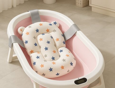 حوض استحمام سيليكون للأطفال قابل للطي مع وسادة وترمومتر – موفر للمساحة، مضاد للانزلاق، سهل التنظيف – 70×40×20 سم