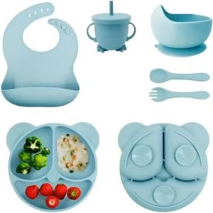مجموعة ادوات تغذية الاطفال من السيليكون، لوازم الفطام، تتضمن اكواب شفط واطباق مقسمة ومريلة قابلة للتعديل وادوات اطفال وملاعق وشوك وكوب