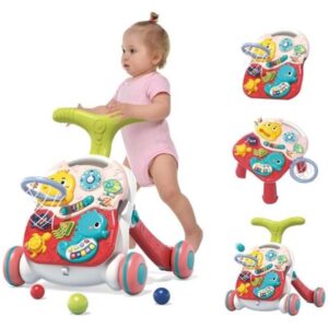 ووكر أطفال تفاعلي للوقوف والجلوس وطاولة أنشطة 3 في 1 – لعبة بموسيقى ثيم المحيط وحلقة كرة سلة وساعة ومفاتيح تعليم مبكر