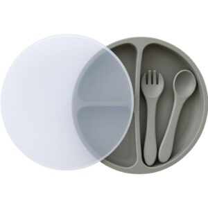 طقم تغذية سيليكون متكامل للأطفال المقسم واللاصق مع غطاء، شوكة، وملعقة – آمن للميكروويف والفريزر ومقاوم للحرارة العالية . لون زيتى فاتح