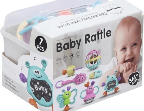 العاب تسنين للاطفال بعمر 1-12 شهر، العاب تعليمية مبكرة من السيليكون للاطفال حديثي الولادة، لعبة عضاضة للاطفال (بوكس7 قطعة)