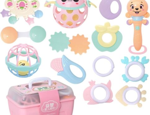 مجموعة خشخيشات وعضاضات السيليكون الفاخرة للأطفال (13 قطعة) – ألعاب تسنين وتعليم مبكر للرضع (2-12 شهرًا)
