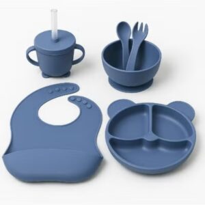مجموعة ادوات تغذية الاطفال من السيليكون، لوازم الفطام، تتضمن اكواب شفط واطباق مقسمة ومريلة قابلة للتعديل وادوات اطفال وملاعق وشوك وكوب