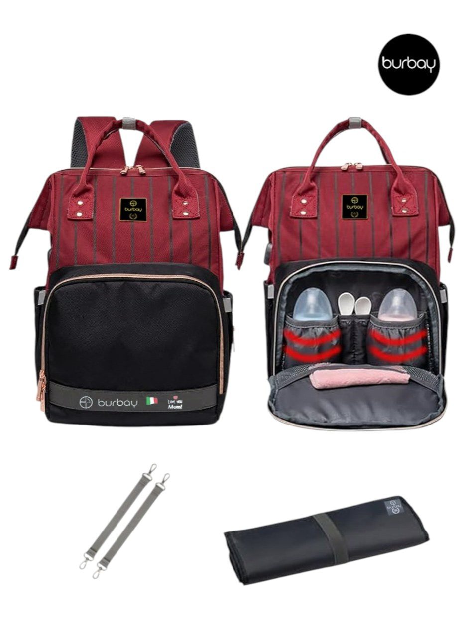 شنطة حفاضات ظهر Burbay بتصميم مميز (أحمر عنابي وأسود) – عملية وأنيقة للأمهات