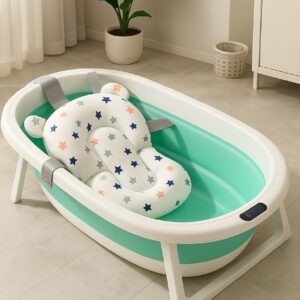 حوض استحمام سيليكون للأطفال قابل للطي مع وسادة وترمومتر – موفر للمساحة، مضاد للانزلاق، سهل التنظيف – 70×40×20 سم