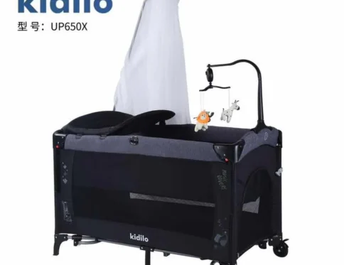 سرير أطفال دورين متنقل وهزاز مع ناموسية وطرابيزة غيار وعجل صامت – سرير جانبي للأم وقابل للطي Up650x) black )