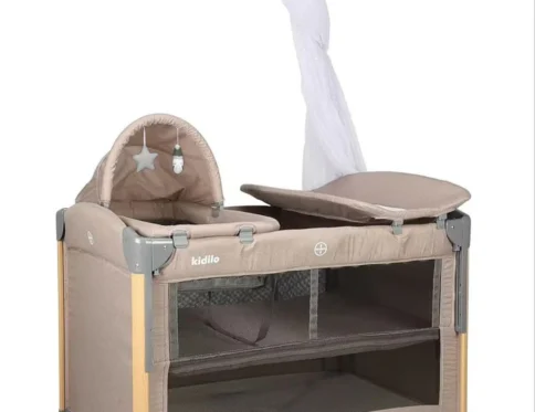 سرير أطفال محمول ومتعدد الاستخدامات 5 في 1 | سرير سفر مع طاولة تغيير وحامل ألعاب t703 – sand