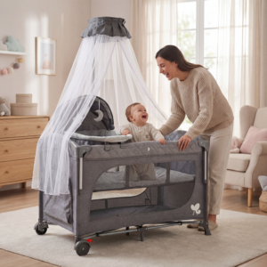 سرير أطفال محمول ومتعدد الاستخدامات 5 في 1 | سرير سفر مع طاولة تغيير وحامل ألعاب (KDD11)-light gray