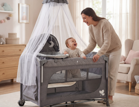 سرير أطفال محمول ومتعدد الاستخدامات 5 في 1 | سرير سفر مع طاولة تغيير وحامل ألعاب (KDD11)-light gray