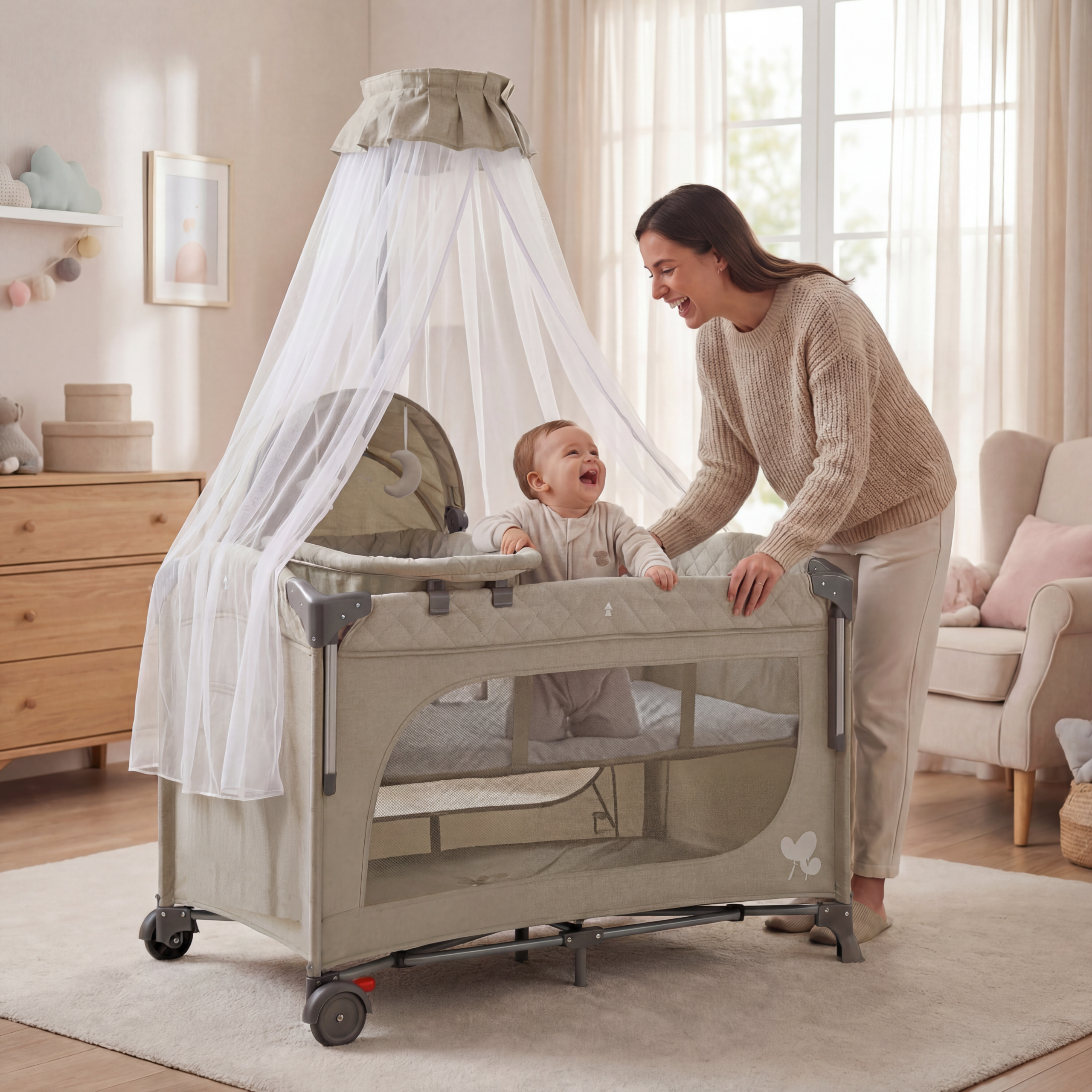 سرير أطفال محمول ومتعدد الاستخدامات 5 في 1 | سرير سفر مع طاولة تغيير وحامل ألعاب (KDD11)-khaki