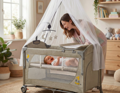 سرير أطفال دورين متنقل وهزاز مع ناموسية وطرابيزة غيار وعجل صامت – سرير جانبي للأم وقابل للطي (KDD12 )KHAKI