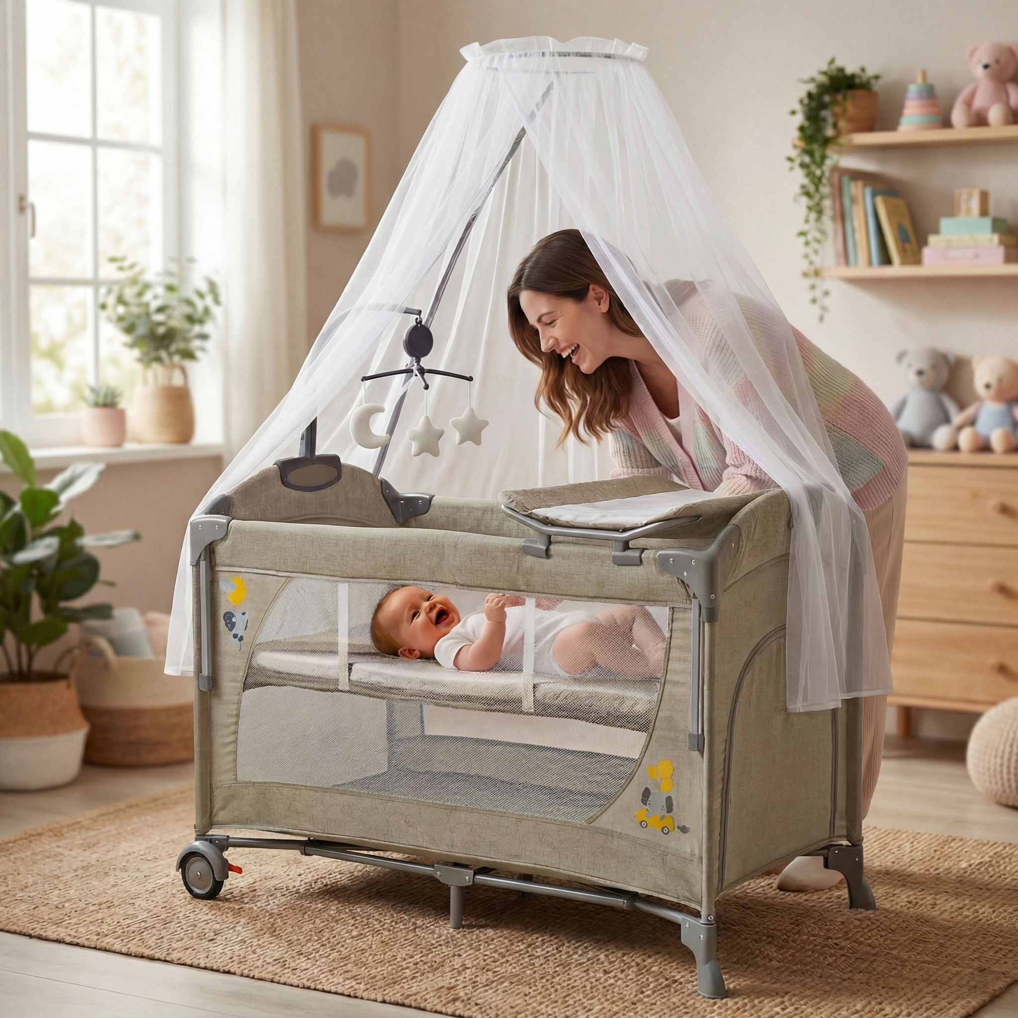 سرير أطفال دورين متنقل وهزاز مع ناموسية وطرابيزة غيار وعجل صامت – سرير جانبي للأم وقابل للطي (KDD12 )KHAKI