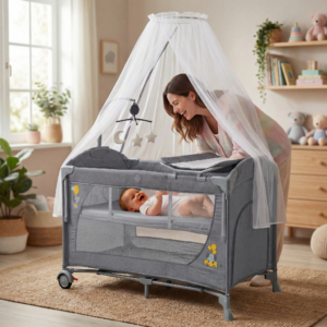سرير أطفال دورين متنقل وهزاز مع ناموسية وطرابيزة غيار وعجل صامت – سرير جانبي للأم وقابل للطي (KDD12 )LIGHT GRAY