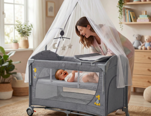 سرير أطفال دورين متنقل وهزاز مع ناموسية وطرابيزة غيار وعجل صامت – سرير جانبي للأم وقابل للطي (KDD12 )LIGHT GRAY