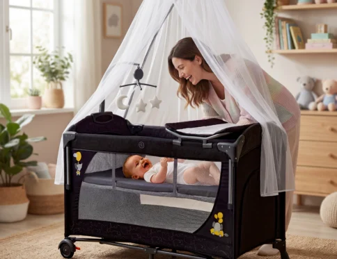 سرير أطفال دورين متنقل وهزاز مع ناموسية وطرابيزة غيار وعجل صامت – سرير جانبي للأم وقابل للطي (KDD12 )BLACK