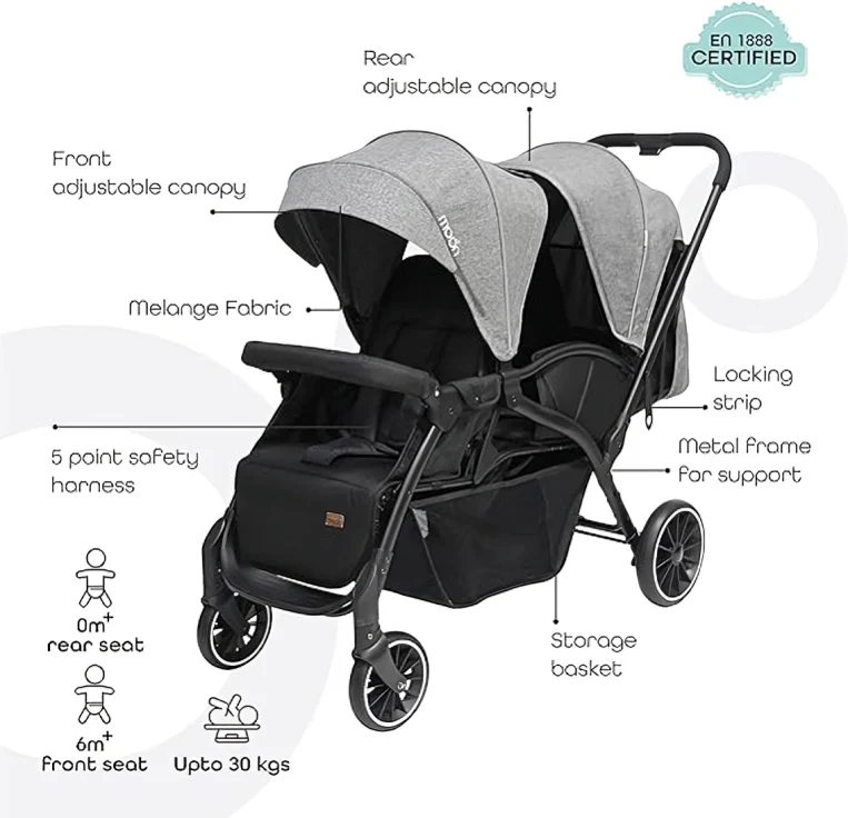Kidilo twin stroller LB200 (1) استرولر Kidilo توينز 《LB200》حزام امان خماسي + سلة تخزين كبيره + فرامل خلفيه + شمسيه قابله للفك والتركيب – تأتي بوزن 11.5 كيلو