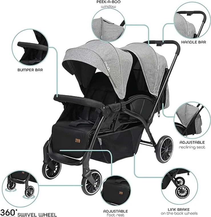 Kidilo twin stroller LB200 استرولر Kidilo توينز 《LB200》حزام امان خماسي + سلة تخزين كبيره + فرامل خلفيه + شمسيه قابله للفك والتركيب – تأتي بوزن 11.5 كيلو