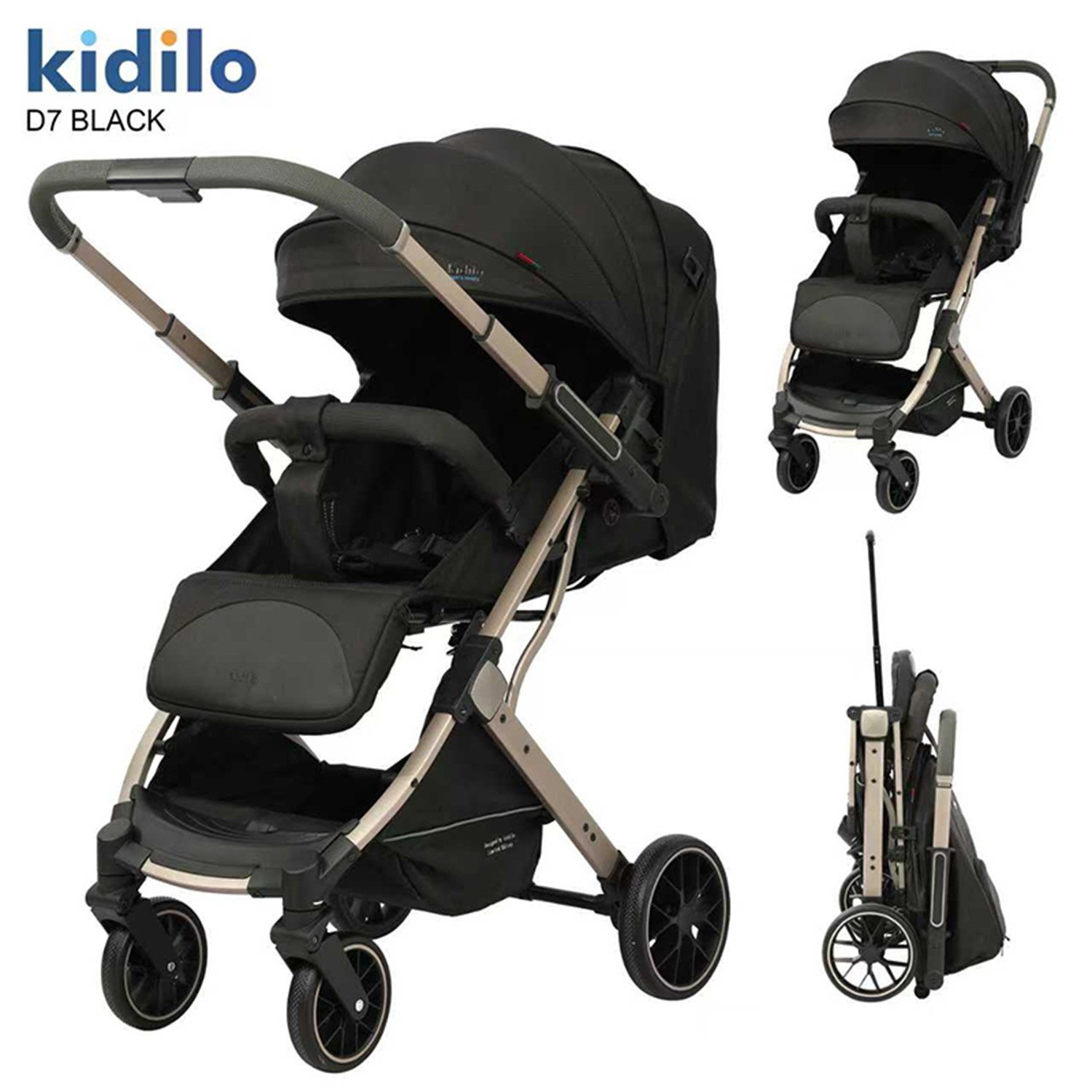 Kidilo-D7-Stroller عربة أطفال Popypapa《 بوبي بابا D7 》حزام أمان خماسي النقاط + مقعد مبطن بإمالة متعددة + عجلات أمامية دوارة + مظلة شمسية واسعة + نظام طي مدمج + سلة تخزين سفلية